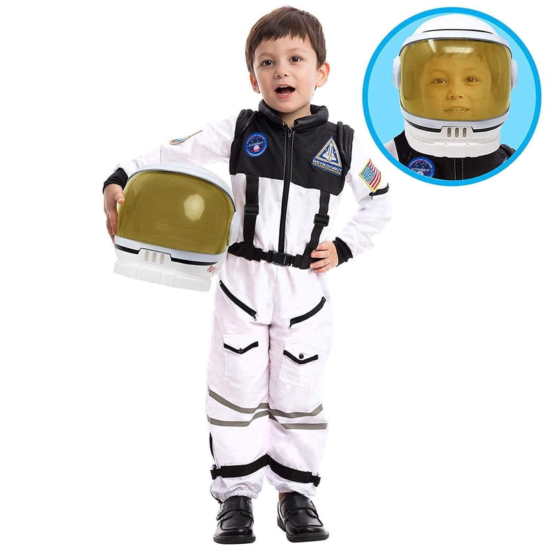 Kids Astronaut Costume with Helmet - White, Medium (8-10 Years) for Halloween & Play