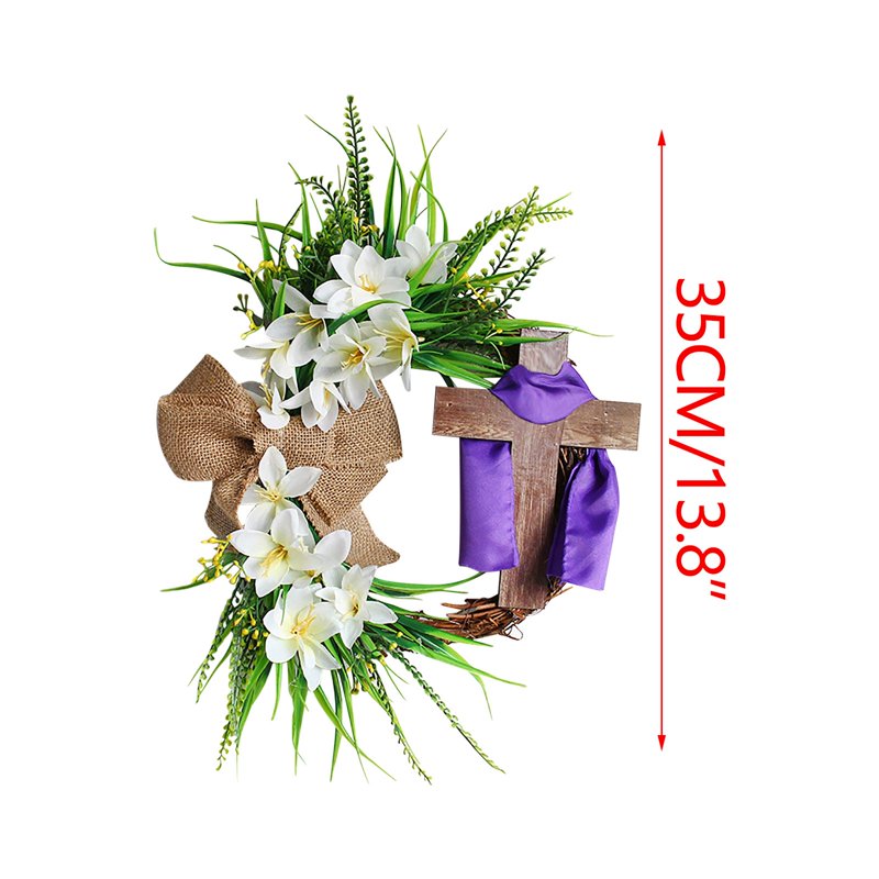 Easter Wreath Cross Door Sign Christian Floral Front Door Decor 13.8 Inch
