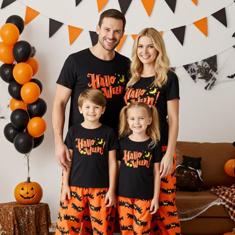 Halloween Kids Pajamas Set Bat & Letter Print Short Sleeve Family Matching Pajamas 8-9Y - Black & Orange