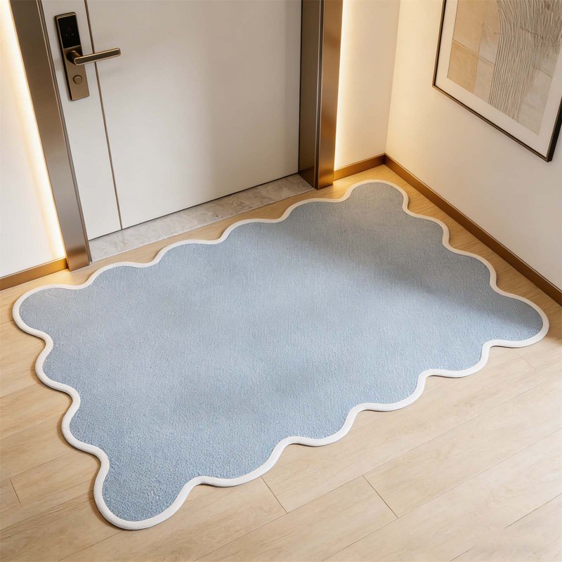 16.7 x 31.5 Inch Blue Scalloped Edge Doormat with Water Absorption and Non-Slip Backing - Indoor Entryway Rug