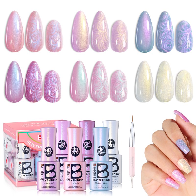 Gel Nail Polish Set, 6 Pearly Swirl Colors, Long-Lasting UV/LED Soak-Off Gel