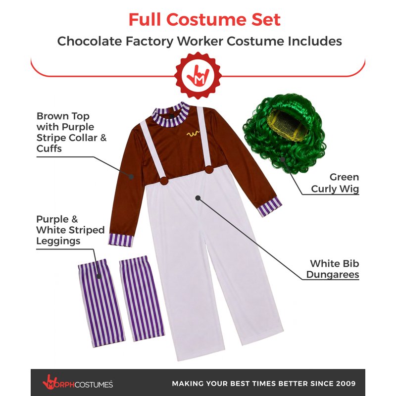 Morph Chocolate Factory Worker Costume for Men - L Size, Striped Jumpsuit & Green Wig - Halloween & Group Party Costume
