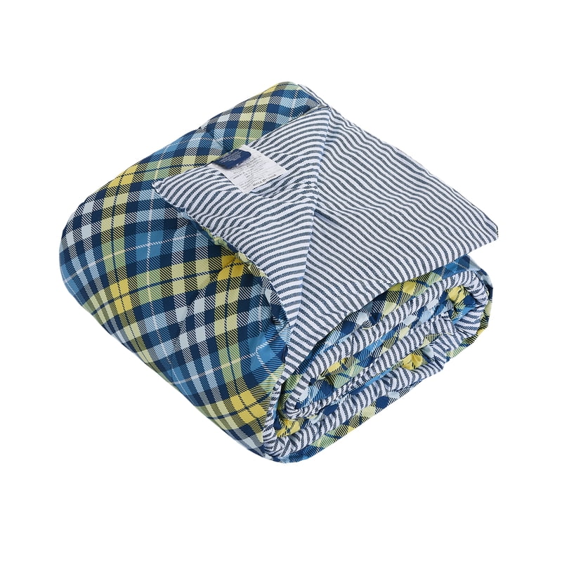 Kids Reversible Microfiber Comforter Set - Full Size Blue & Yellow Plaid - Bedding Collection with Sham - Diagonal Pattern
