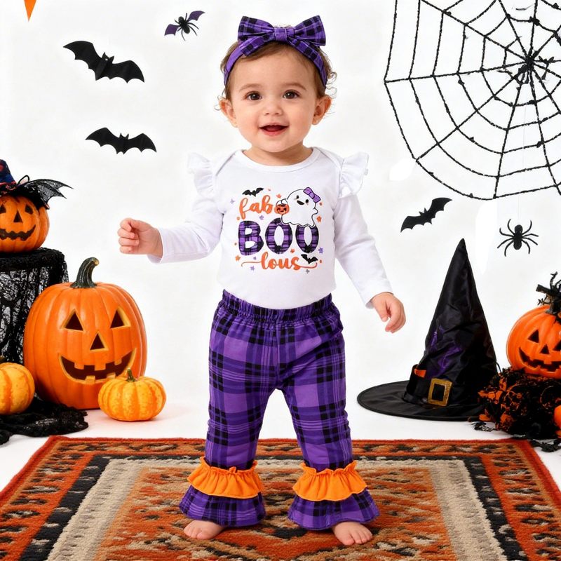 Purple Baby Halloween Romper Set with Pants & Headband - 12-18 Months