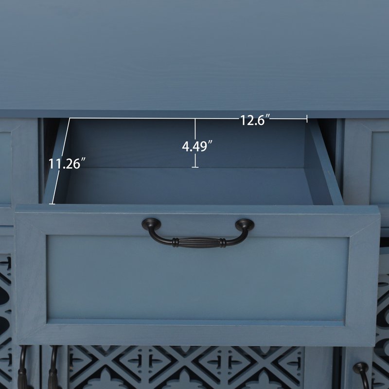 Retro Hollow-Carved 3 Door 3 Drawer Sideboard Cabinet - Lake Blue