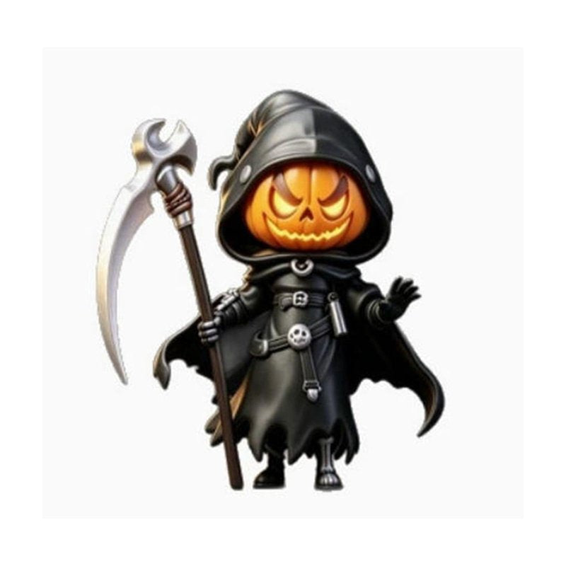 Halloween Pumpkin Grim Reaper Statue with Glowing Head - Hand-Painted Resin Ornament - Black Variation #320