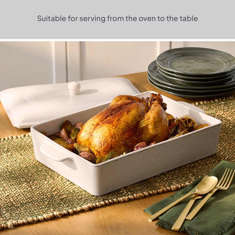 Cream Stoneware Roasting Pan with Lid - 15.5 x 9.3 Inches