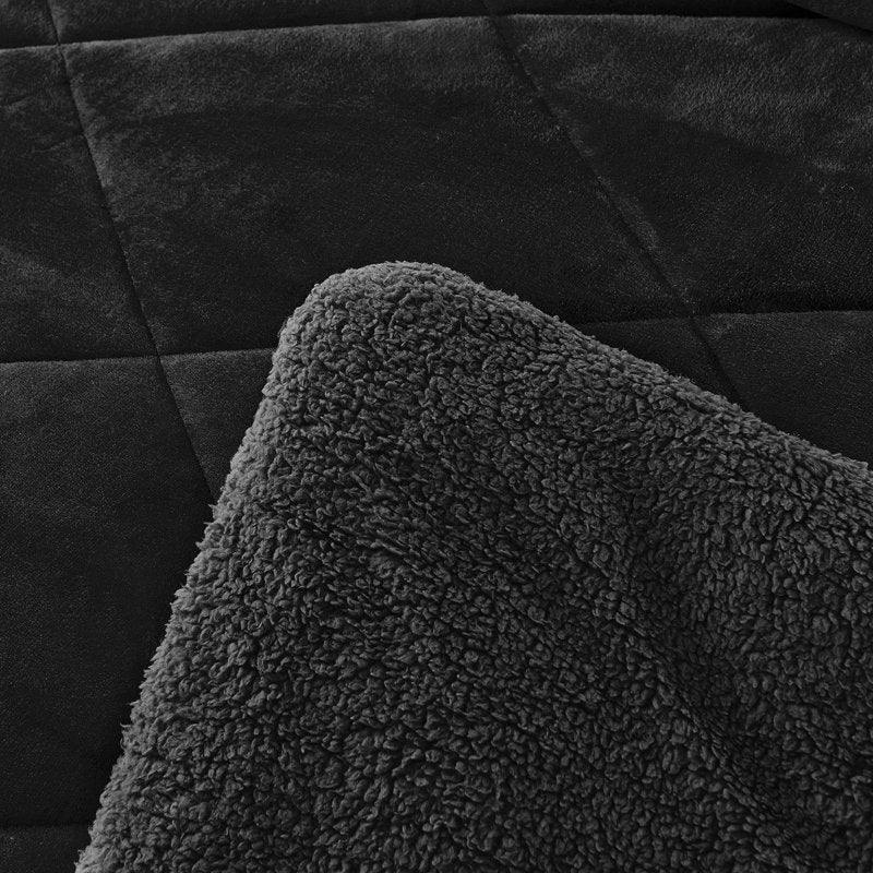 Queen Sherpa Fleece Bed Blanket Set - Thick Warm Reversible Black 3 Pieces