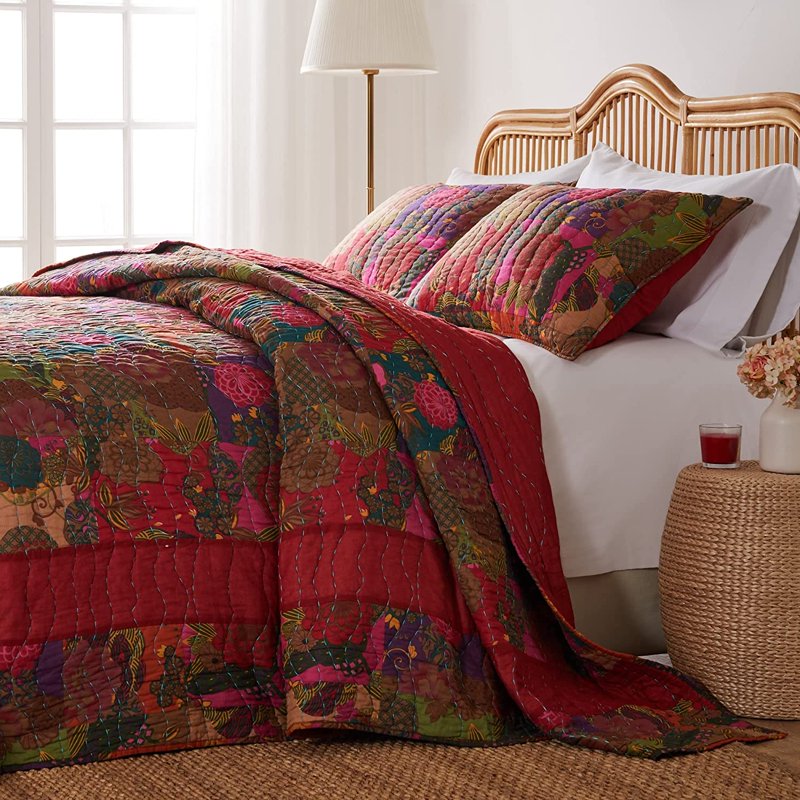 King Size Reversible Cotton Bedspread Set with Pillow Shams - Jewel Kantha Style