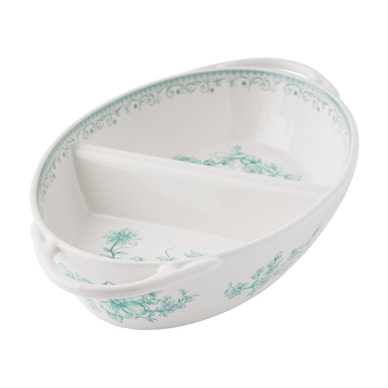 Stoneware Divided Server - Green Floral Design