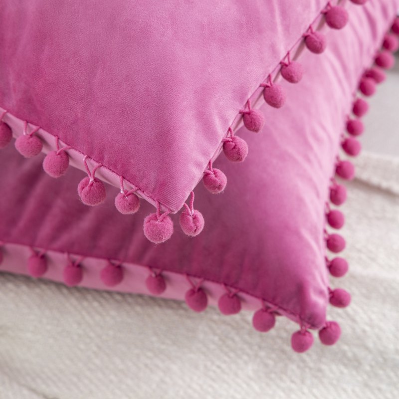 18-Inch Pink Velvet Throw Pillow Set with Pom Poms - Pack of 2