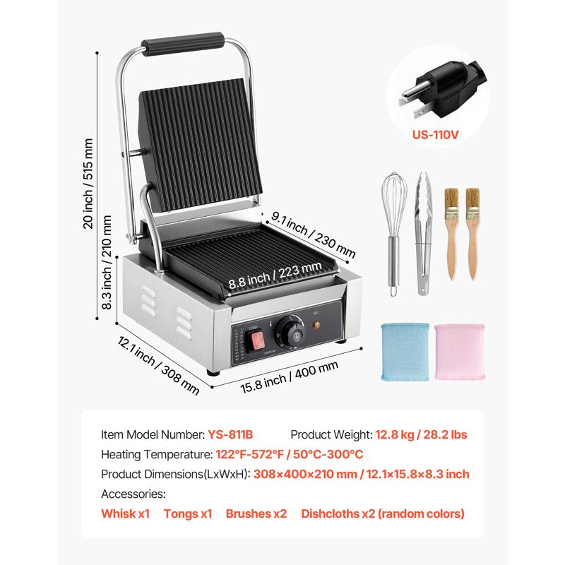Electric Panini Grill Sandwich Maker - Stainless Steel, 1800W