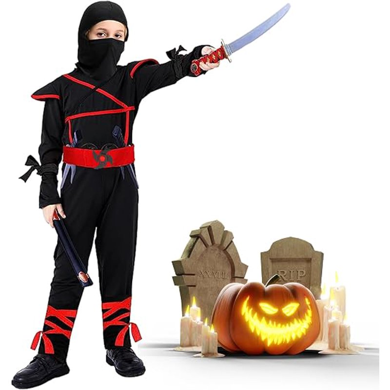 Kids Ninja Costume Set with Accessories - Red, Size L for Halloween & Cosplay
