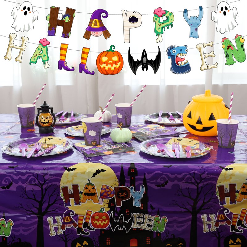 Halloween Party Supplies 24-Piece Disposable Set with Plates Cups Banner & Tablecloth
