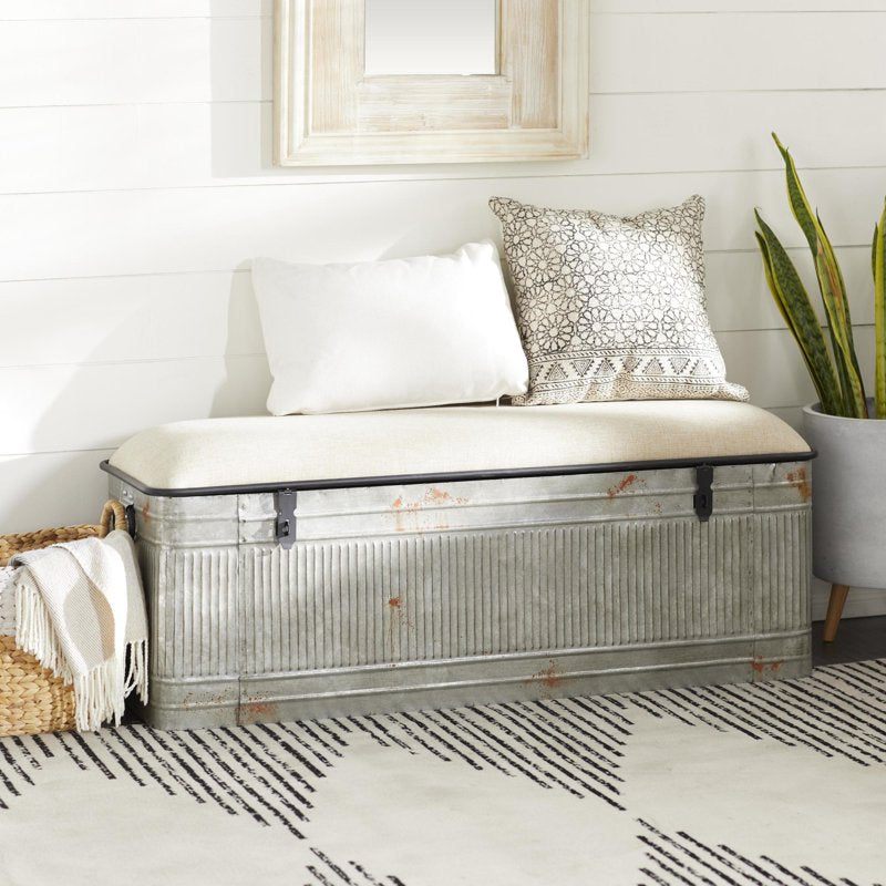 Metal Galvanized Storage Bench with Cream Burlap Top