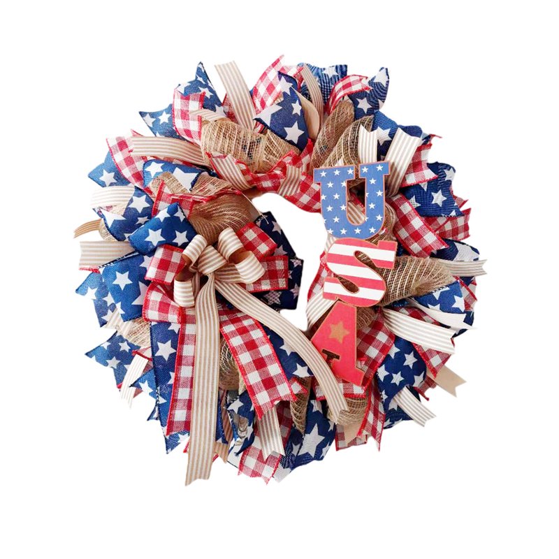 4th of July Patriotic Wreath for Front Door - Red White Blue Flower Wreath - Variation C
