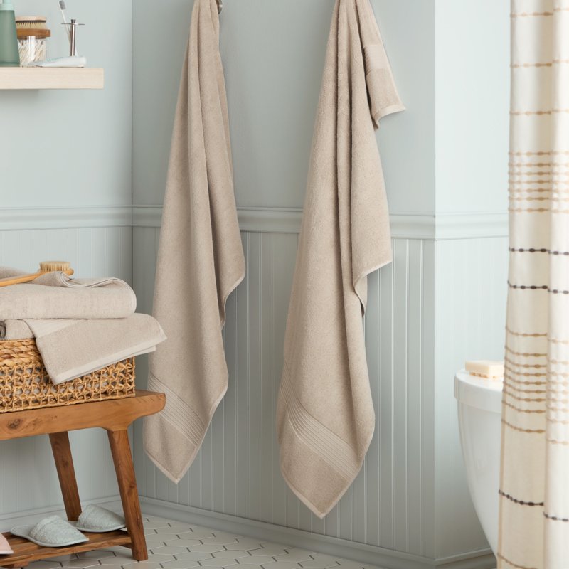 Beige Bath Towel Set - 4-Piece Solid Dobby Border 30x58 Inches, 100% Cotton