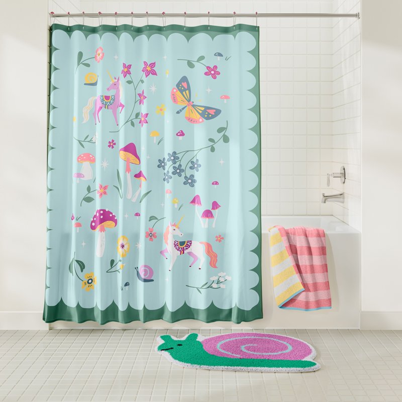 Unicorn Kids Fabric Shower Curtain with Hooks Set - Bright & Playful Bathroom Decor
