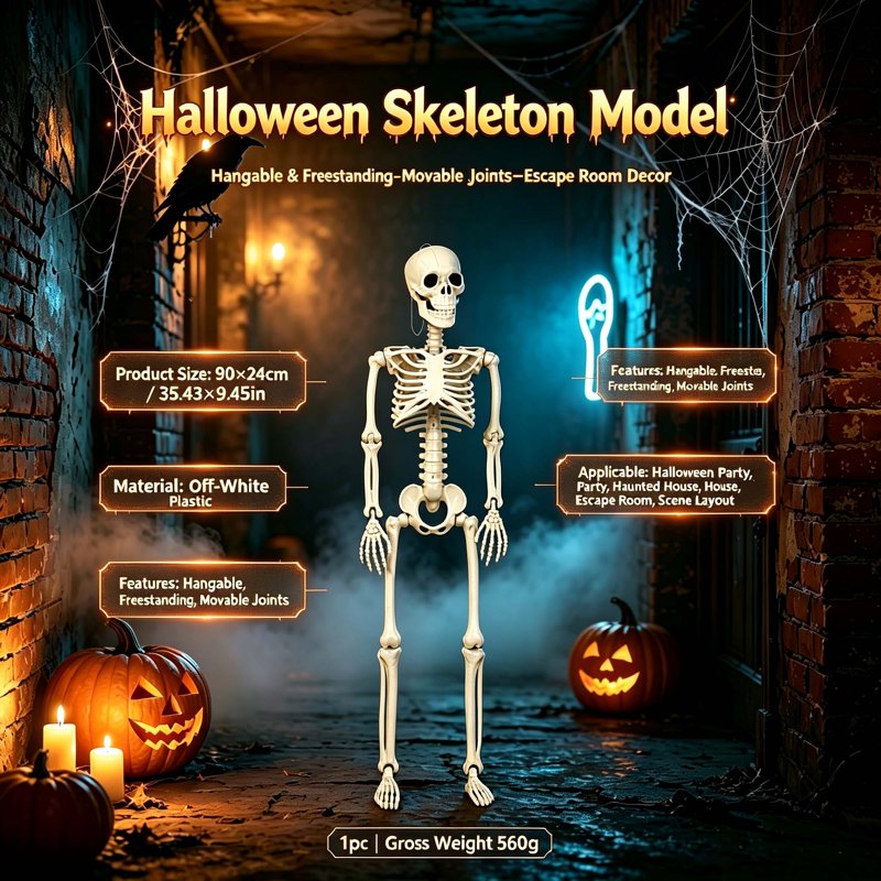 Poseable Plastic Skeleton Model - 35.43in Halloween Decor for Indoor & Outdoor Use
