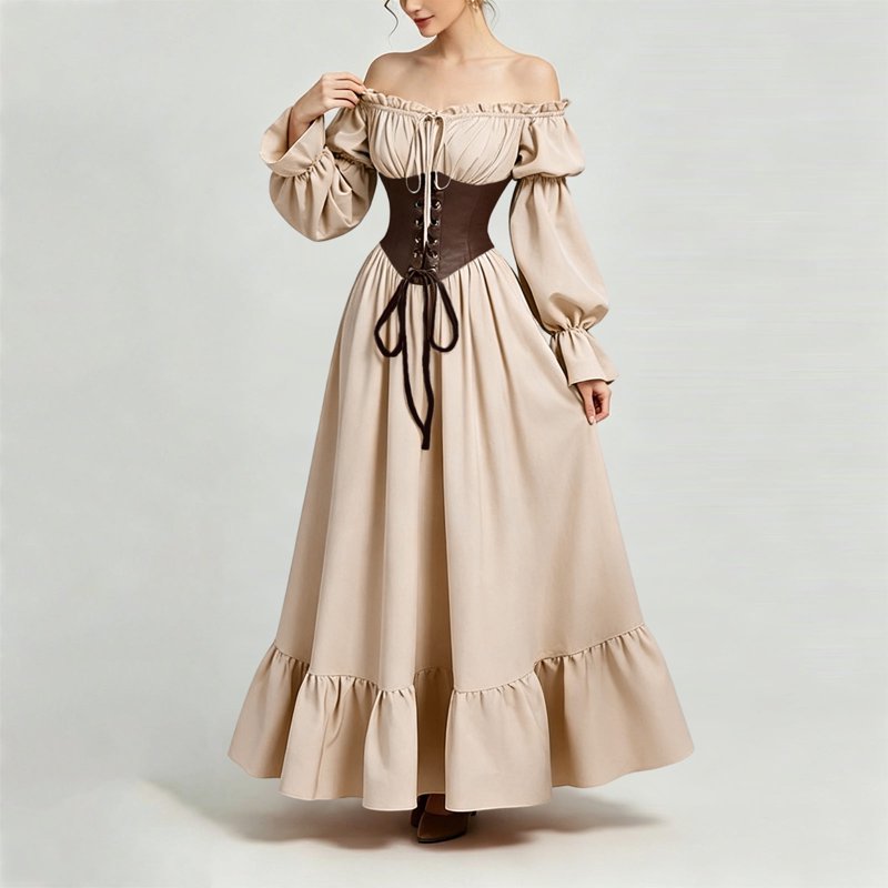 Gothic Corset Maxi Dress for Women Halloween Victorian Off Shoulder Ruffle Hem Beige XL - Variation BB-Beige