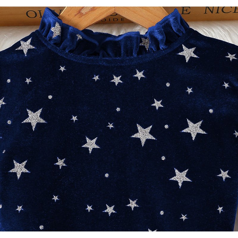 Girls Velvet Star Print Dress with Ruffle Hem & Bow Tie Belt - Size 7-8 Blue Variation Z04-04
