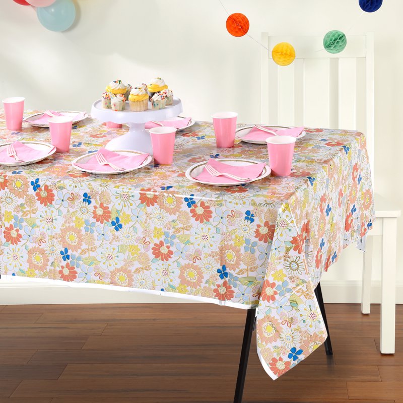 Retro Daisy Foil Party Tablecloth - 2 Pack, 84 x 54 in