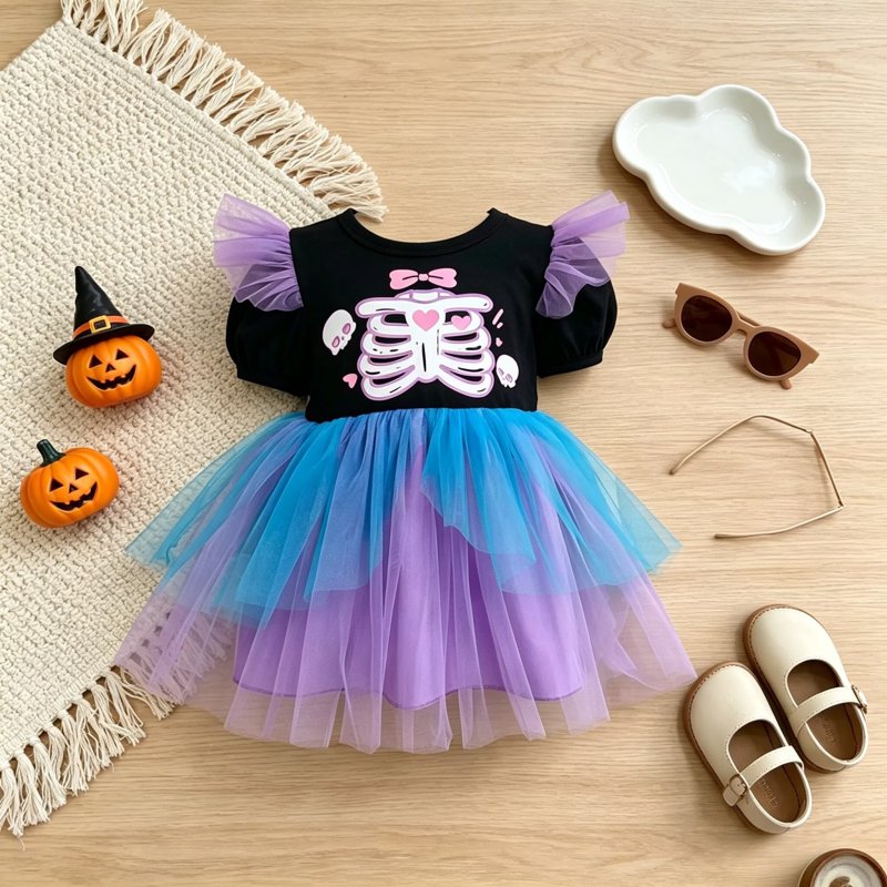 Baby Girls Ghost Skeleton Halloween Dress - Colorful Ruffle Tulle, 18-24 Months
