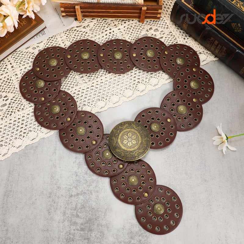 Brown Wide Leather Western Belt for Women - Boho Concho Disc Style, Up to 37"