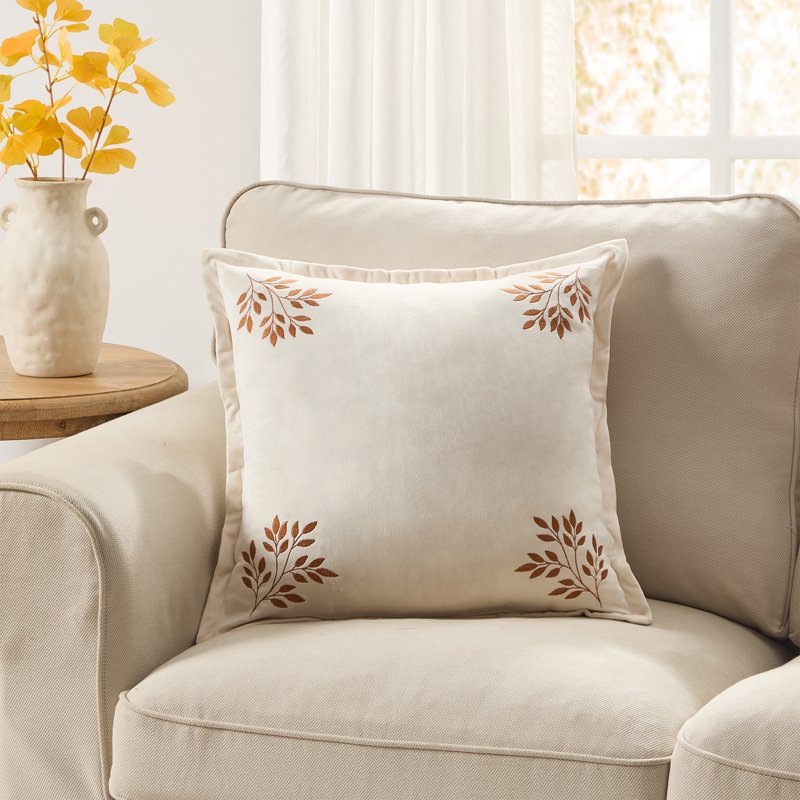 Ivory Embroidered Leaves Velvet Decorative Pillow - 18x18 Inches, Farmhouse Style