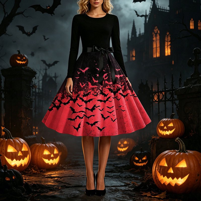 Women's Vintage Halloween Bat Print Swing Dress S - Red, 1950s Retro Gothic Midi
