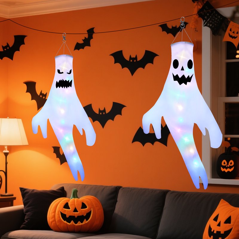 2 Pack Hanging Ghost Halloween Decor - Large Glowing LED Windsock with 3 Modes