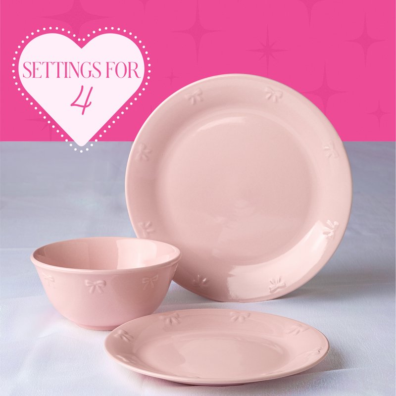12-Piece Stoneware Dinnerware Set - Blush Pink with Bow Design