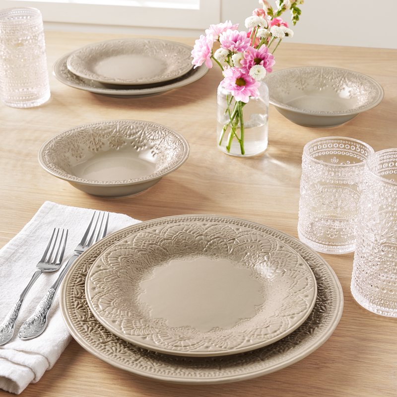 Vintage Lace 12-Piece Ceramic Dinnerware Set - Taupe