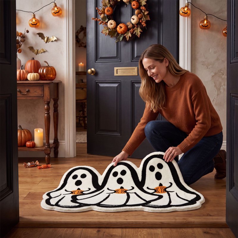 Halloween Ghost Pumpkin Doormat - Ghost Holding Pumpkin Floor Mat with Grip-Enhanced Absorbent Surface - Variation of THIS listing 34_Printed Ghost Doormat_AH