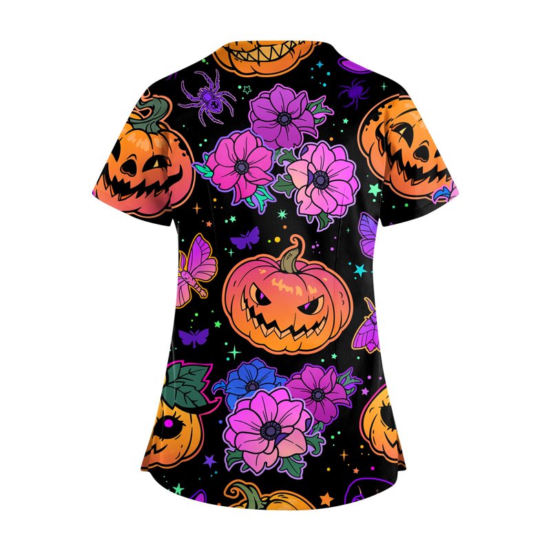 Plus Size Halloween Pumpkin-Headed Bat Printed Scrub Top with Pockets - Purple XXL