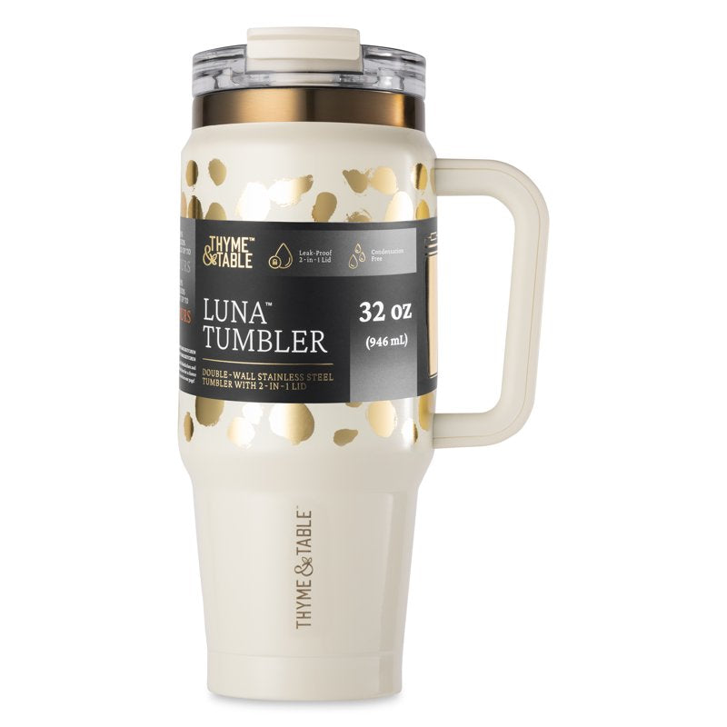 Stainless Steel 32oz Luna Tumbler with Handle & Dual Straw Lid - Cream & Gold Dots