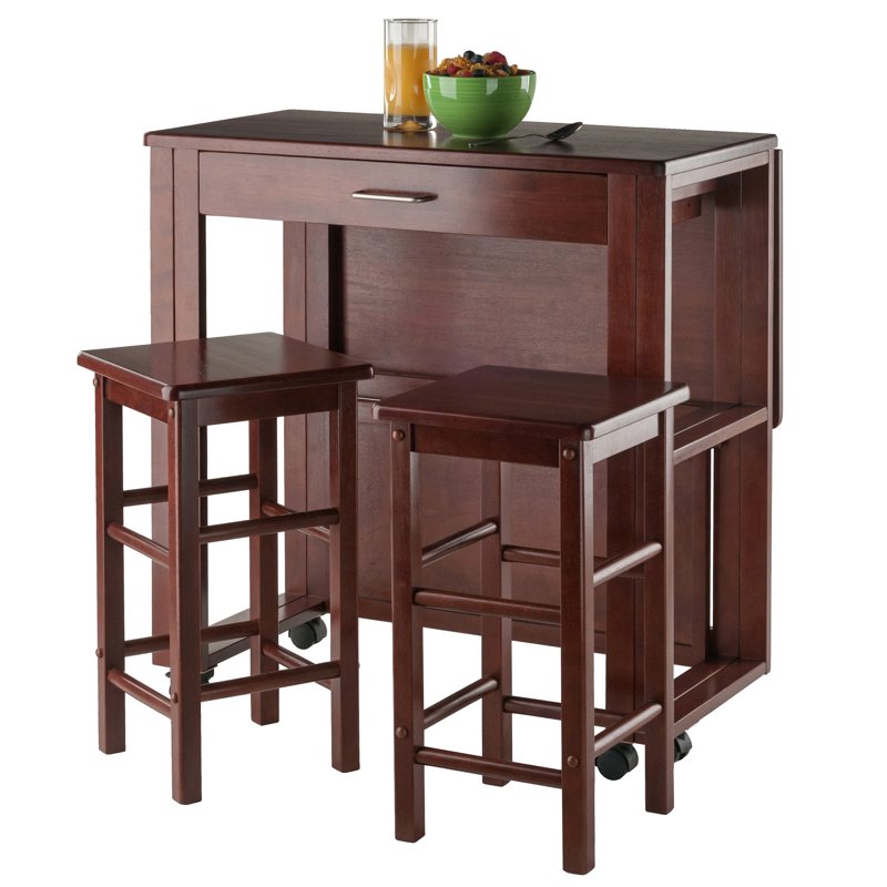 Solid Wood Drop Leaf Dining Table Set with Stools in Walnut - Space Saver