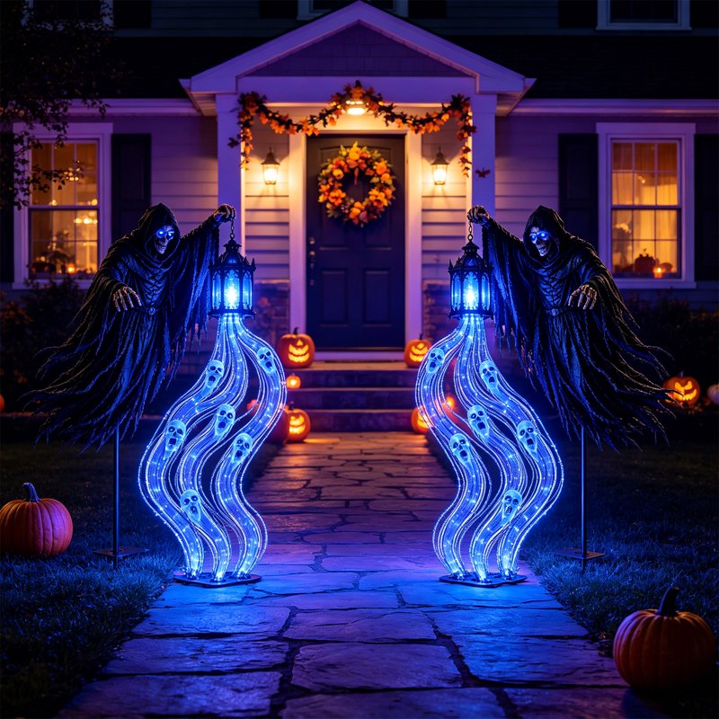 Battery-Powered Halloween Soul Harvester Garden Light with Blue LED, Spooky Reaper Yard Stake