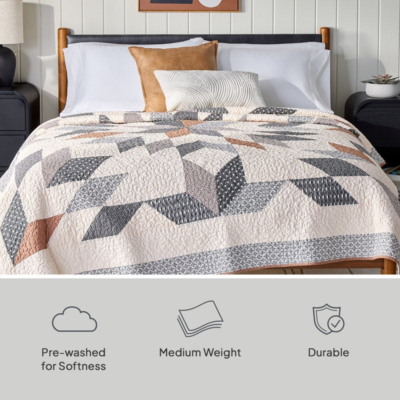Full/Queen Cotton Patchwork Quilt - Starburst Design, Rustic Modern Style