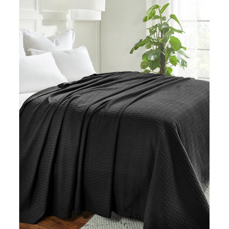 Full/Queen Cotton Blanket - All-Season Diamond Weave Bed Cover - Black