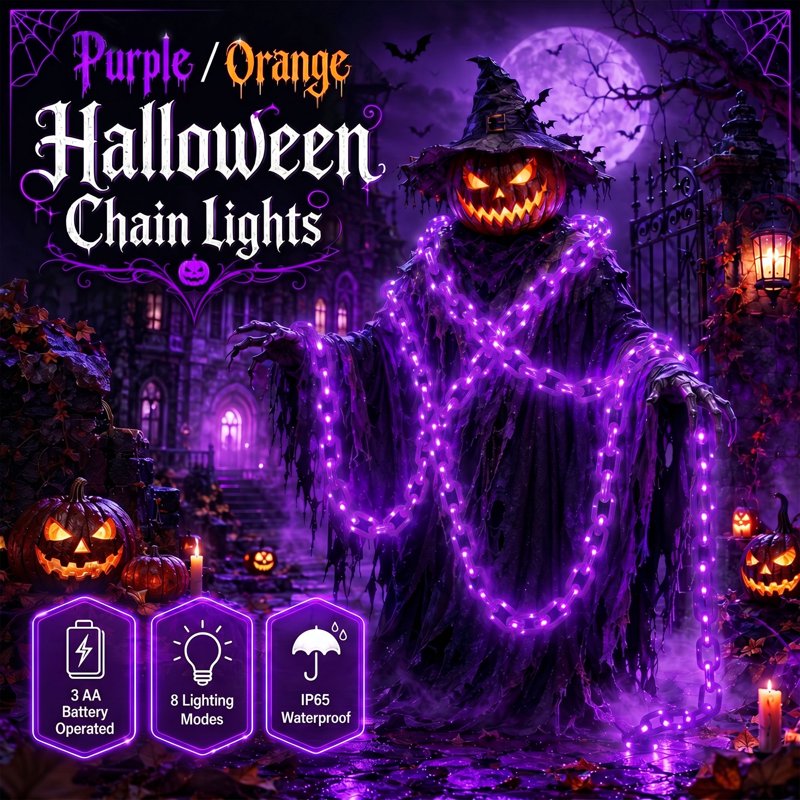Halloween Chain Lights 10FT Purple Waterproof Battery Operated 8 Modes - Spooky Outdoor Decor