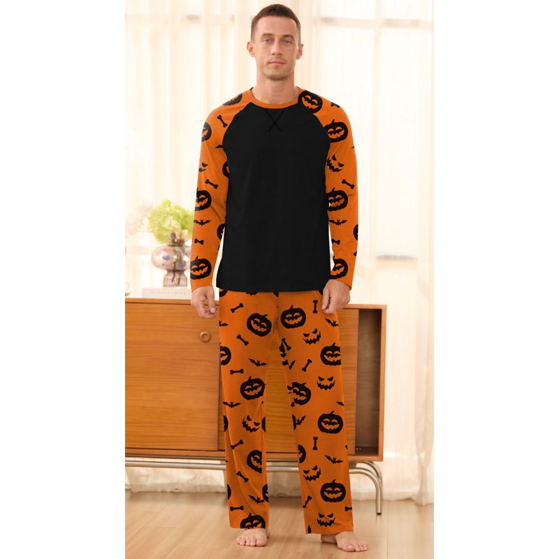 Men's Pajama Set Long Sleeve with Pockets - Orange Pumpkin, L