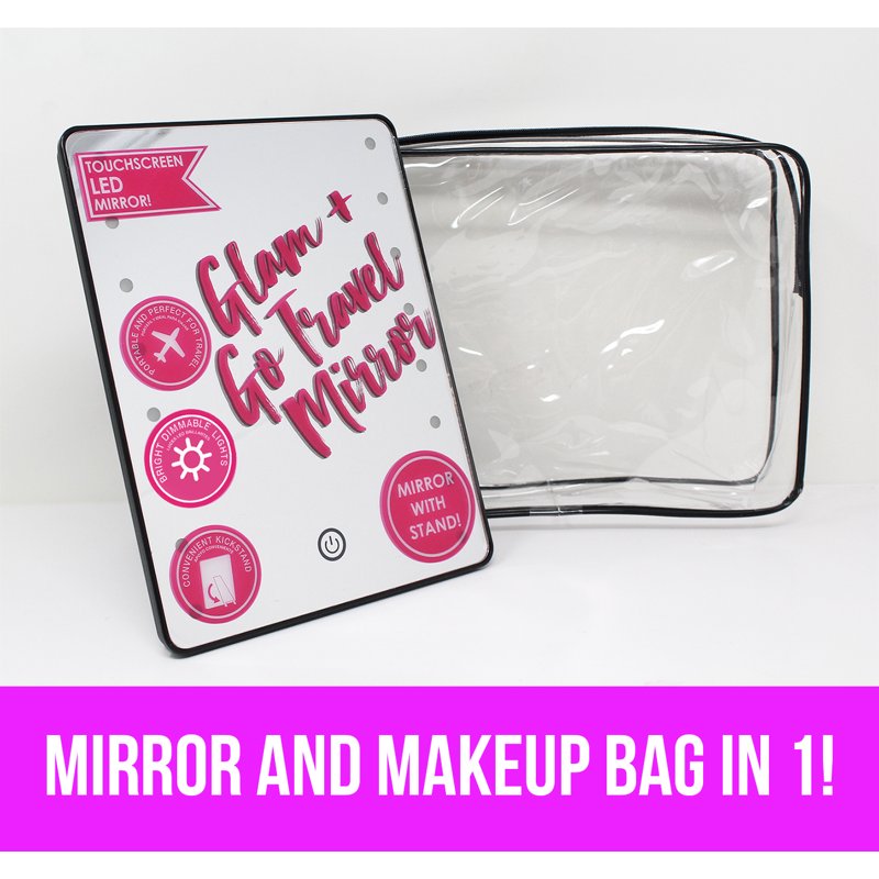 LED Travel Makeup Mirror with Dimmable Lights, Kickstand and Storage Bag