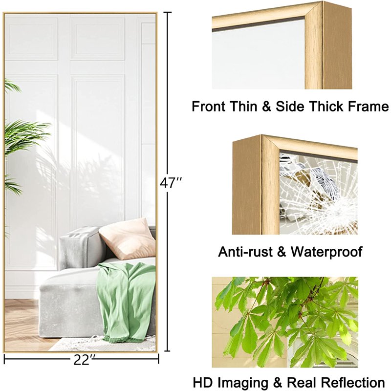 47x22 Inch Gold Wall Mirror - Large Aluminum Alloy Wall-Mounted Bathroom & Bedroom Mirror - No Stand