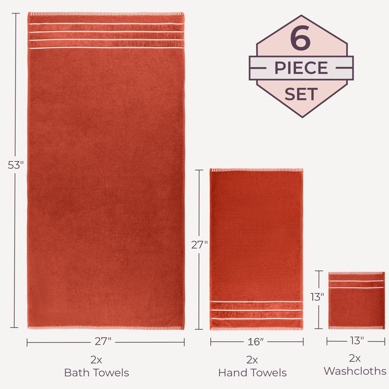 Brick Orange 6-Piece Combed Cotton Rice Weave Towel Set for Bathroom & Beach