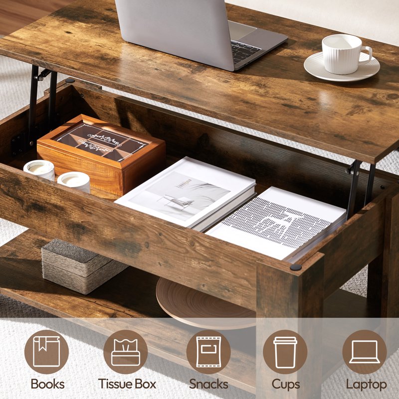 Lift Top Coffee Table with Hidden Compartment - Rustic Brown