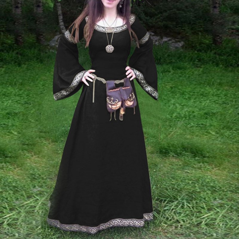 Women Medieval Renaissance Maxi Dress - Irregular Long Sleeve Black L Variation