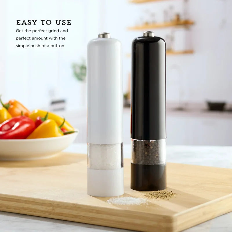 8-Inch Battery Operated Prefilled Salt & Pepper Grinder Set - Black & White