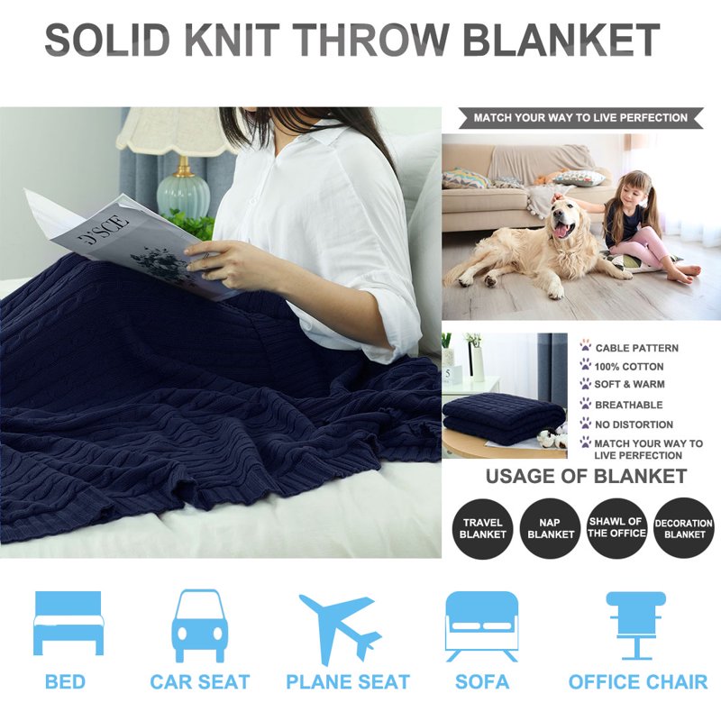 Cotton Cable Knit Throw Blanket - Navy Blue, 51" x 59"