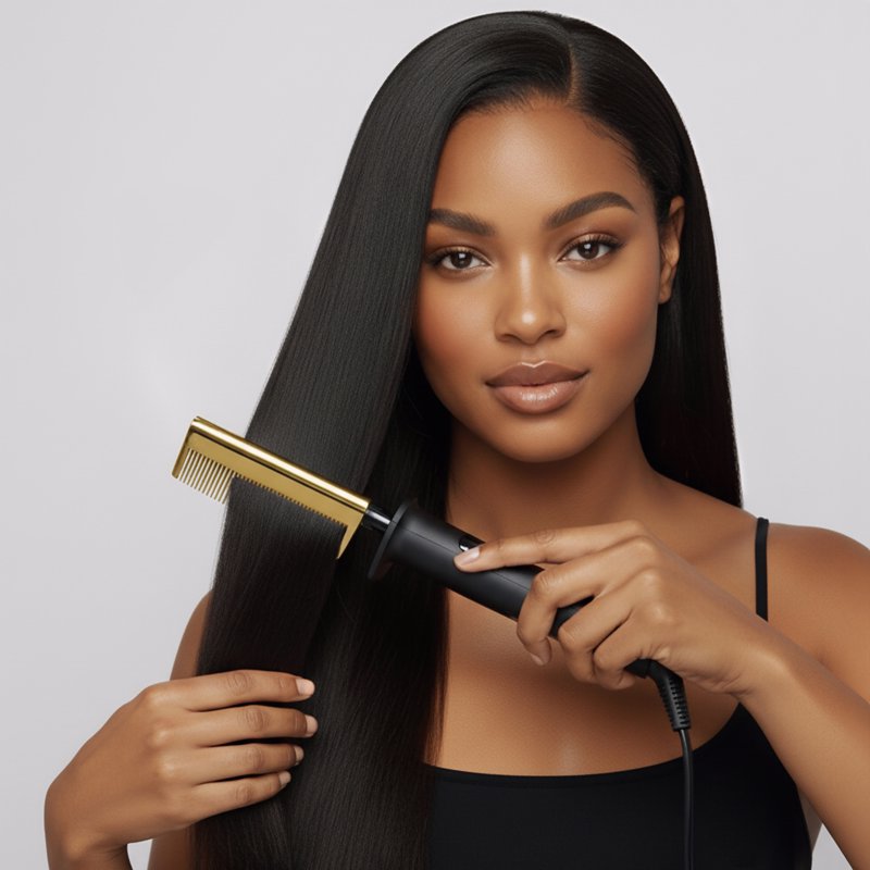 Gold Heated Pressing Hair Comb with LED Display - 450°F